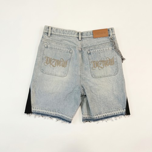 Custom Washed Denim Wholesale Embroidered Patchwork Jeans Shorts with Fringe Hem