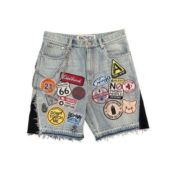 Custom Washed Denim Wholesale Embroidered Patchwork Jeans Shorts with Fringe Hem