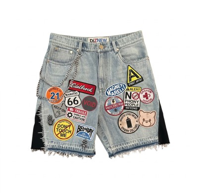 Custom Washed Denim Wholesale Embroidered Patchwork Jeans Shorts with Fringe Hem