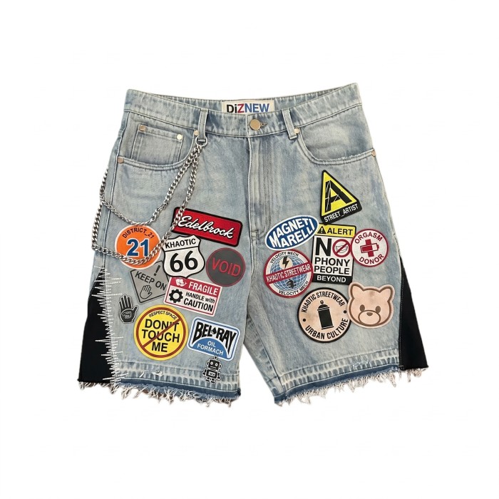 Custom Washed Denim Wholesale Embroidered Patchwork Jeans Shorts with Fringe Hem