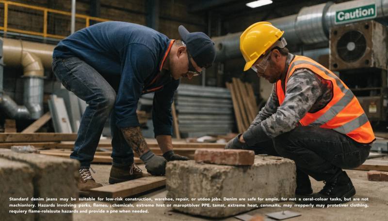 Jeans are safe for many general blue collar tasks, but they are not a replacement for required PPE.