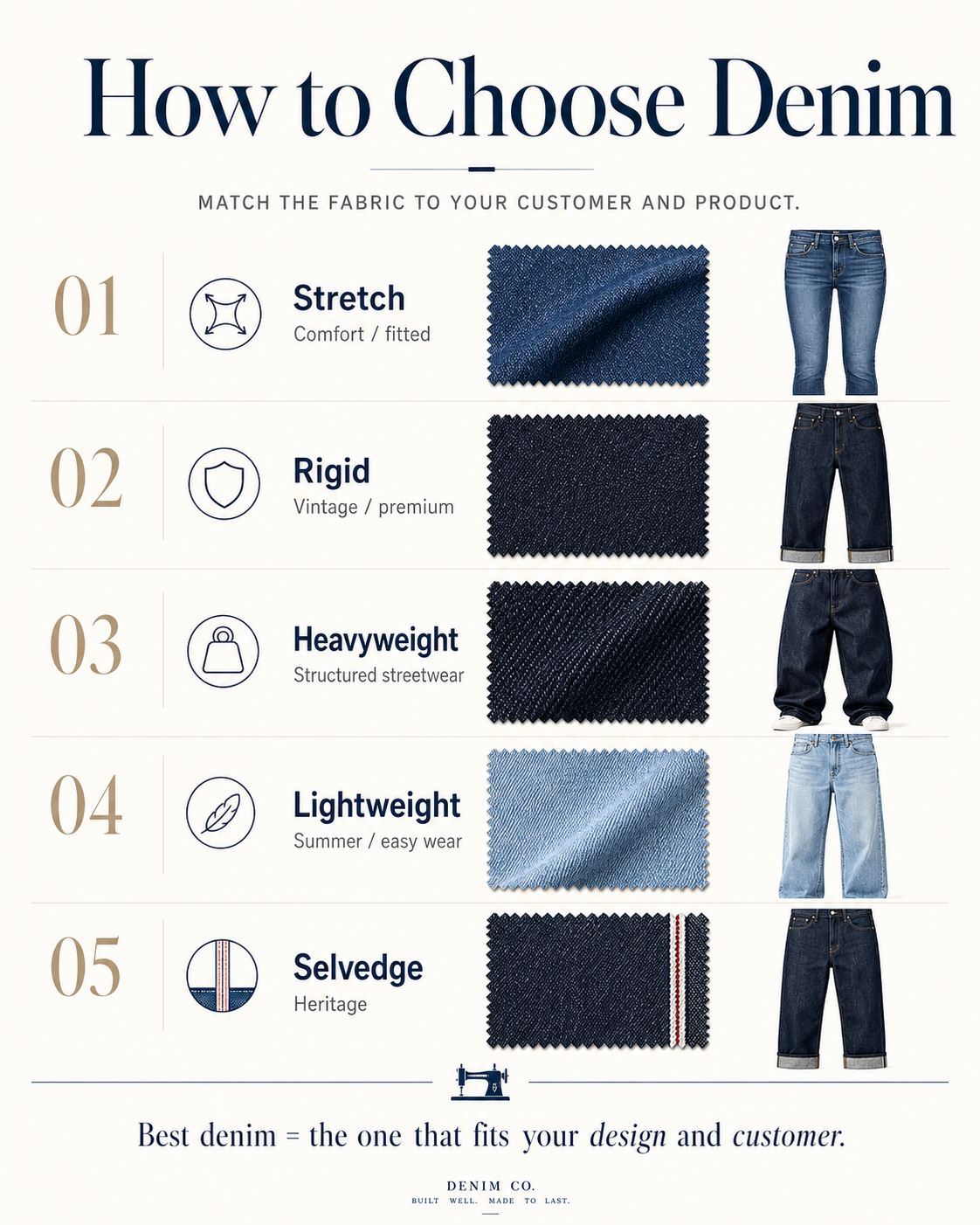 Choose denim based on your customer, fit, price point, and brand identity. Use stretch denim for comfort-focused or fitted jeans, rigid denim for vintage and premium looks, heavyweight denim for structured streetwear, lightweight denim for summer products, and selvedge denim for heritage collections. The best denim is the one that supports your final jeans design and customer expectations.
