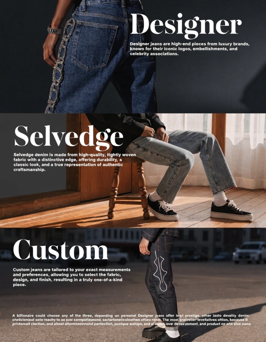 A billionaire could choose any of the three, depending on personal taste. Designer jeans offer brand prestige, selvedge denim offers craftsmanship and authenticity, and custom jeans offer exclusivity and perfect fit. The most billionaire-level option is often custom denim because it allows private fabric selection, personalized fit, unique washing, logo development, and a product no one else owns.