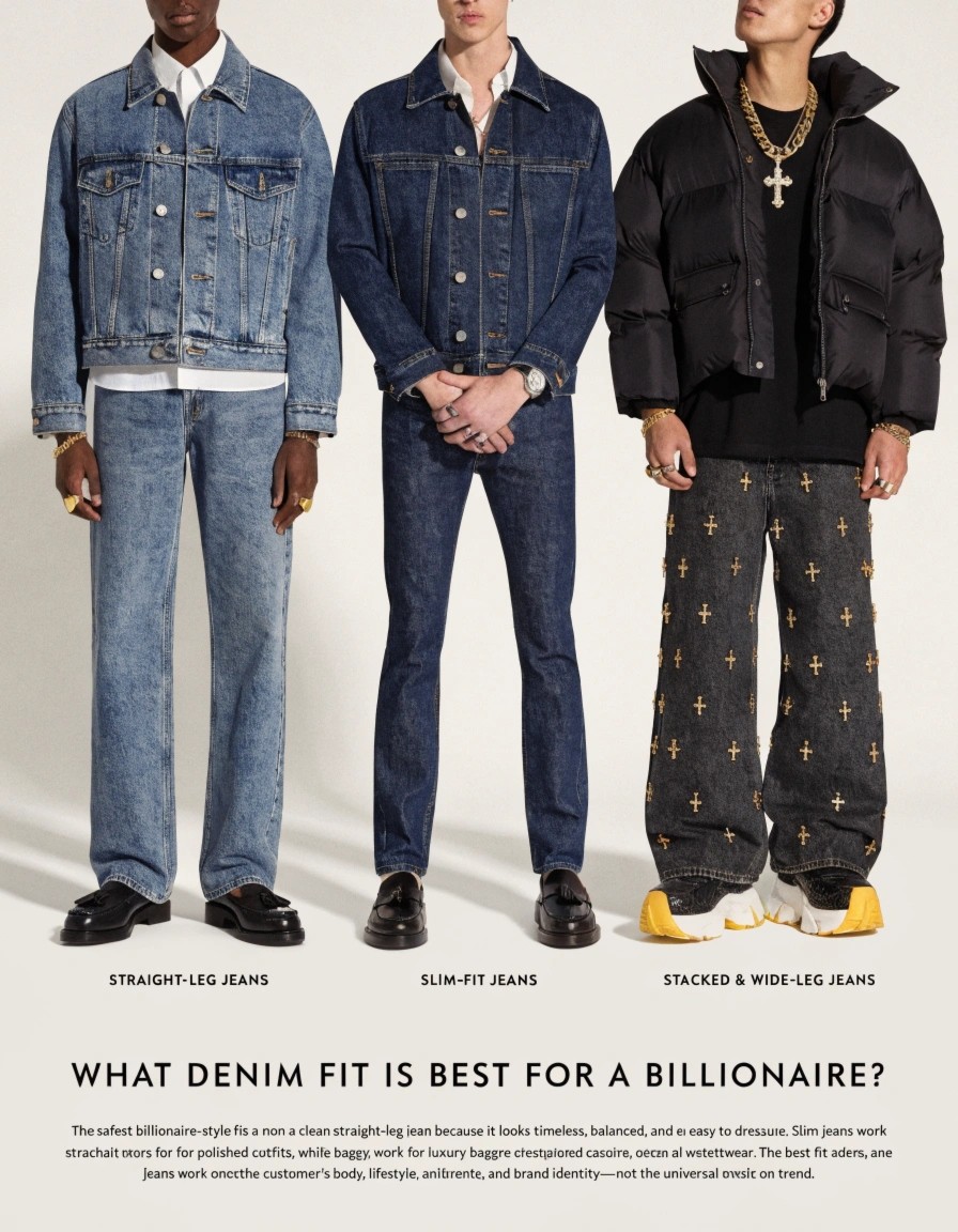 The safest billionaire-style fit is a clean straight-leg jean because it looks timeless, balanced, and easy to dress up. Slim jeans work for polished casual outfits, while baggy, stacked, and wide-leg jeans work for luxury streetwear. The best fit depends on the customer’s body, lifestyle, and brand identity—not one universal trend.