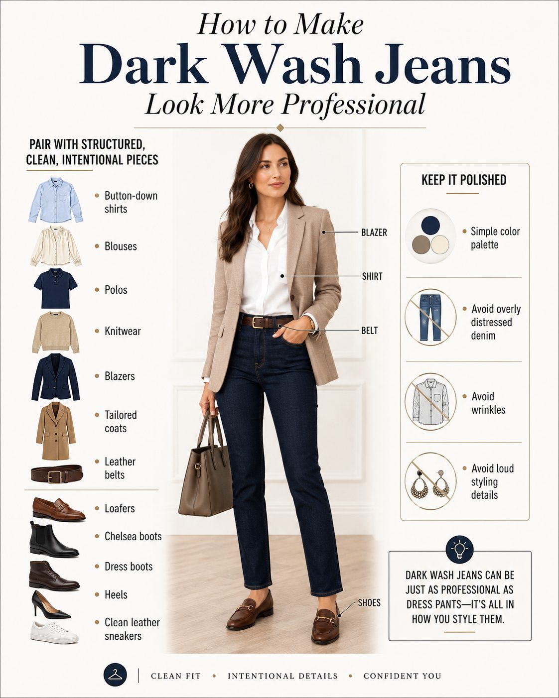 To make dark wash jeans look more professional
