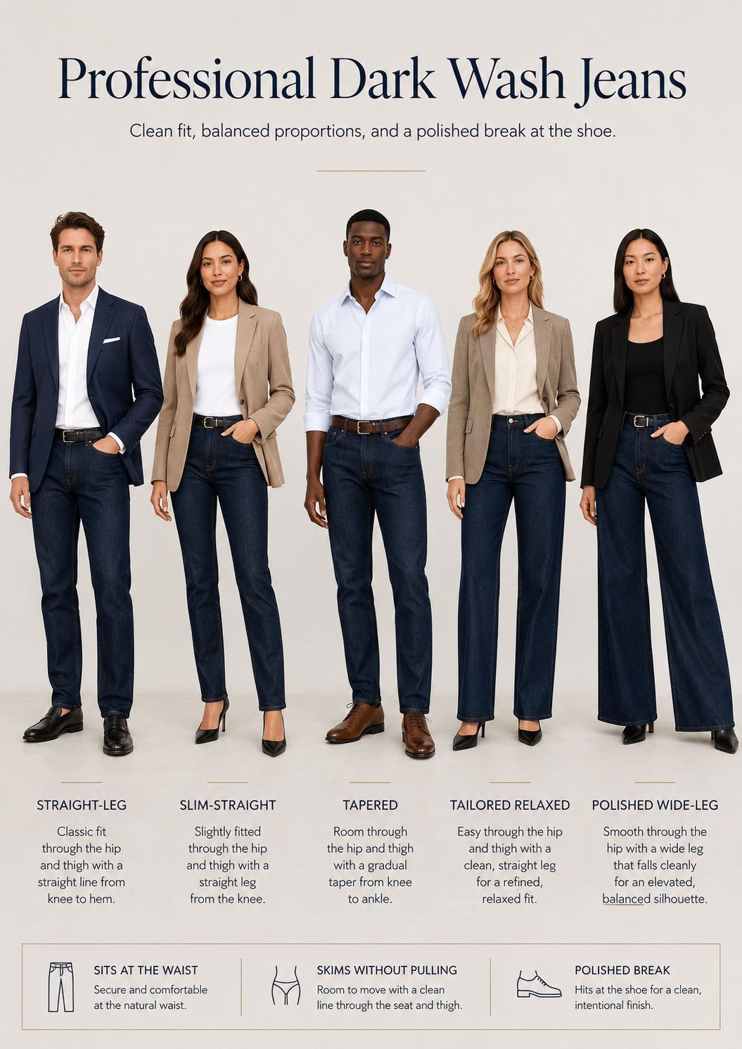 The most professional dark wash jeans usually have a clean