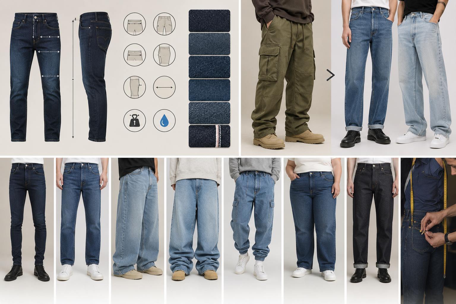 Jeans offer more fit options because denim design can be adjusted through waist, rise, hip, thigh, knee, inseam, leg opening, stretch, fabric weight, and wash. Cargo pants are usually built around relaxed utility shapes, while jeans can be skinny, straight, baggy, stacked, jogger-style, plus size, selvedge, or custom-fit.