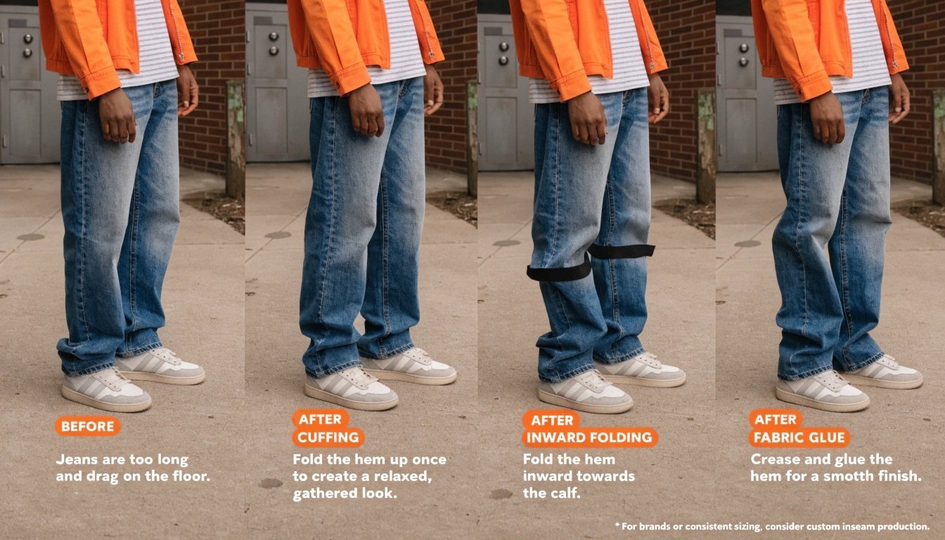 Yes, you can fix jeans that are too long without sewing if the extra length is moderate and the denim is not too thick, stiff, or heavily detailed. Simple fixes include cuffing, inward folding, hemming tape, and fabric glue. However, if the jeans are several inches too long or need consistent sizing for a brand, custom inseam production is more reliable.