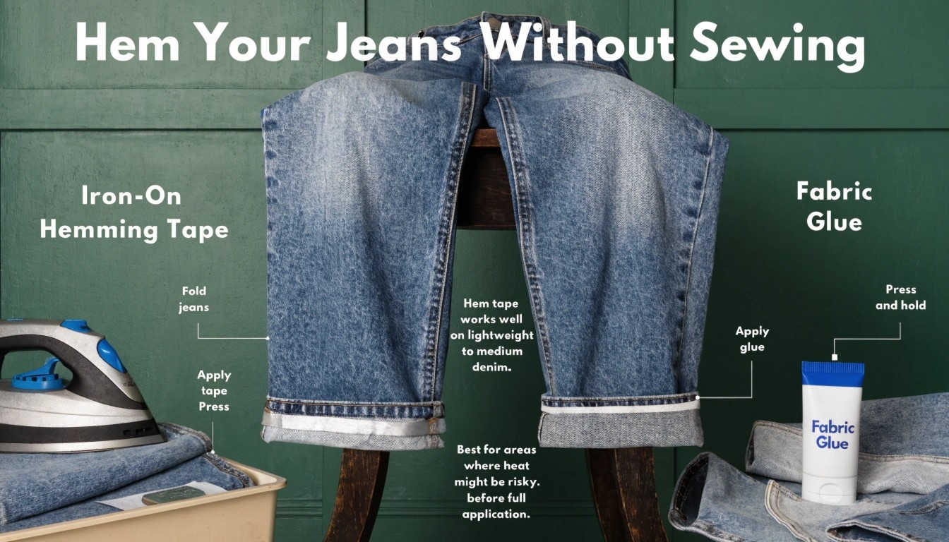 To hem jeans without sewing, use iron-on hemming tape or fabric glue inside a folded hem. Hemming tape bonds with heat, while fabric glue bonds as it dries. Hem tape is cleaner for many lightweight to medium denim fabrics, while fabric glue can work on areas where heat is risky. Always test first and follow the product instructions.