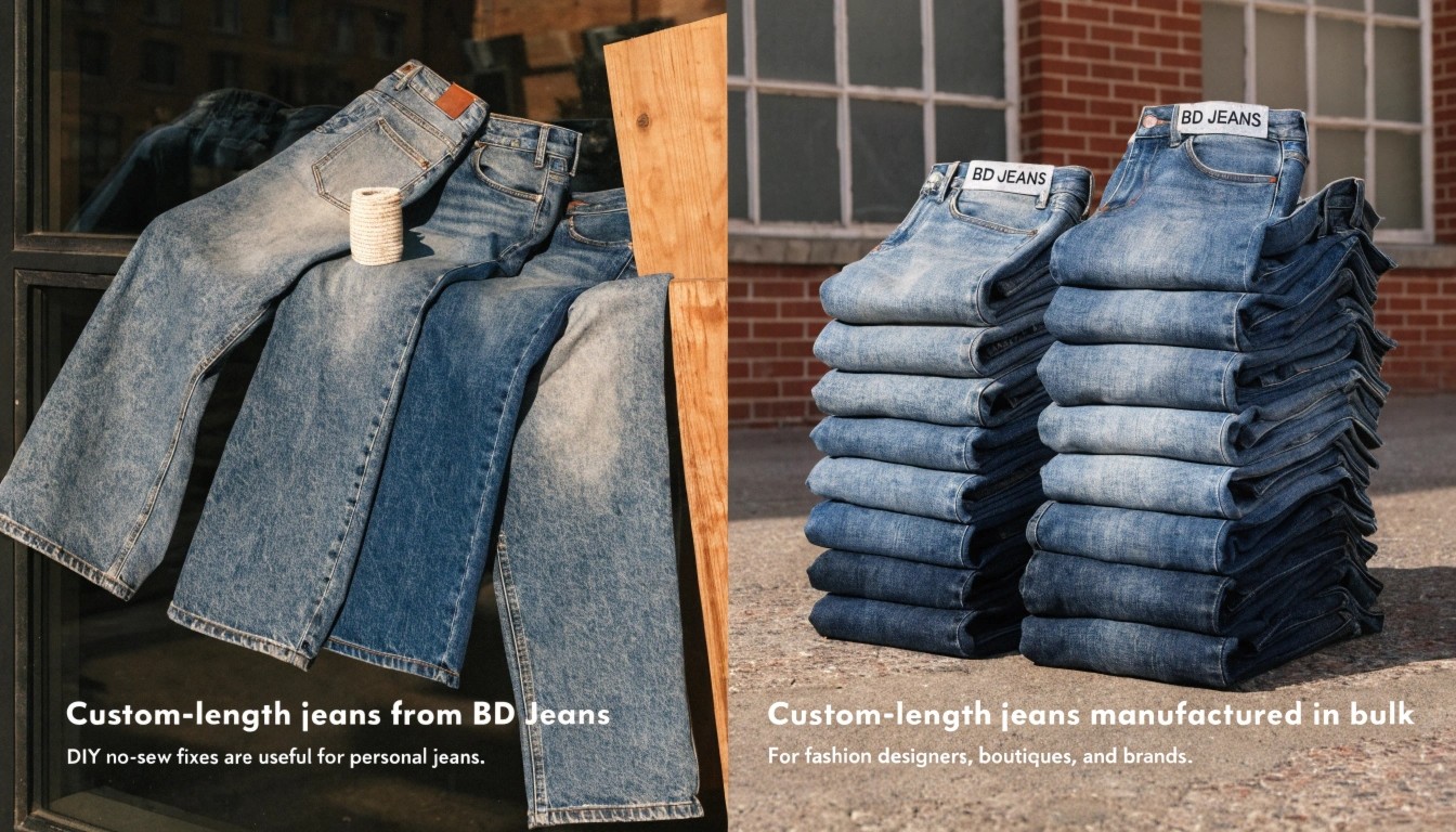 Choose custom-length jeans when you need accurate fit, consistent sizing, premium finishing, original hems, brand labels, special washes, or bulk production. DIY no-sew fixes are useful for personal jeans, but custom denim manufacturing is better for designers, boutiques, and brands that need professional quality across multiple pieces.