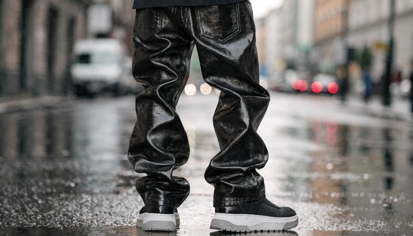 Leather jeans are jeans-style pants made from genuine leather, faux leather, PU leather, coated denim, waxed denim, or leather-look stretch fabric. They are not always the same as classic leather pants. The main difference is construction: leather jeans usually borrow denim details such as five pockets, belt loops, a back yoke, rivets, zipper fly, and jean-like fits.