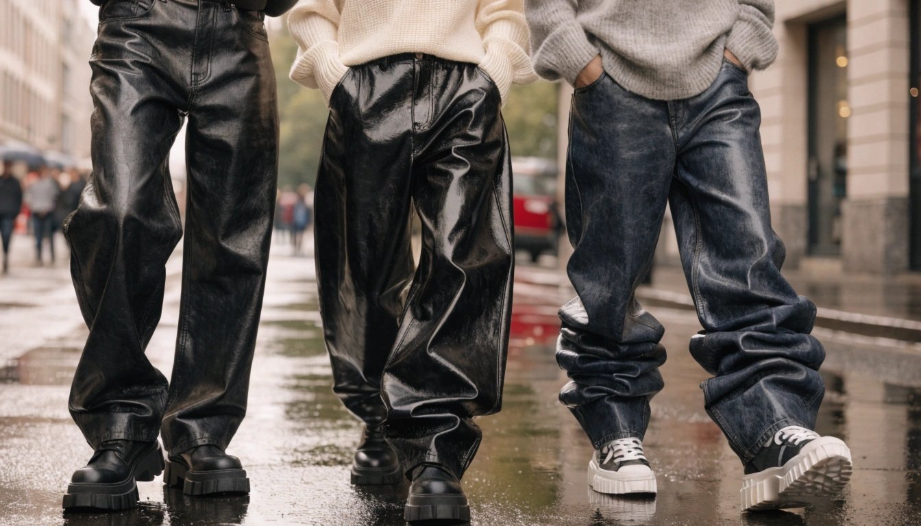 Leather jeans remain popular because they make simple outfits look stronger. They offer texture, edge, and a premium feel while still using familiar jean shapes. In 2026, leather pants are not limited to tight rock-star looks; relaxed, straight, wide-leg, baggy, stacked, faux leather, and coated denim styles all feel current.