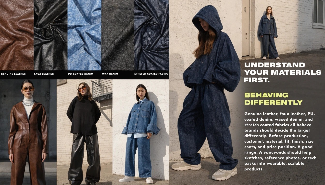 Brands should decide the target customer, material, fit, finish, size range, and price position before production. Genuine leather, faux leather, PU-coated denim, waxed denim, and stretch coated fabrics all behave differently. A good custom factory should help turn sketches, reference photos, or tech packs into wearable, scalable products.