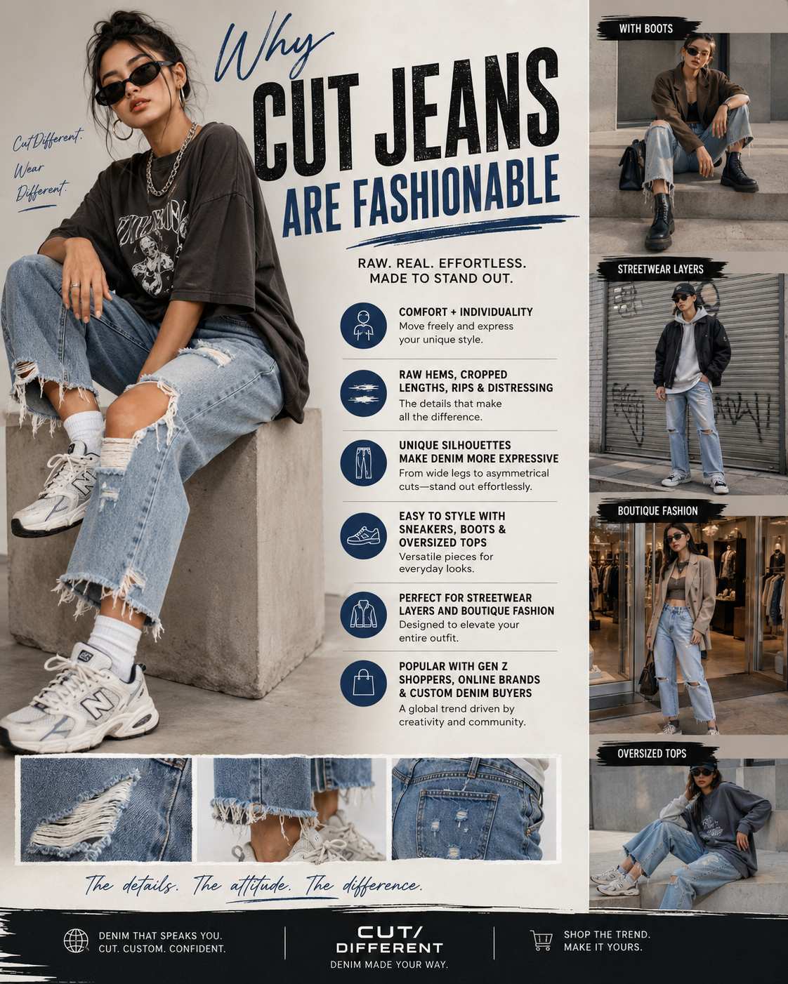 Cut jeans refer to denim styles with visible cutting,
