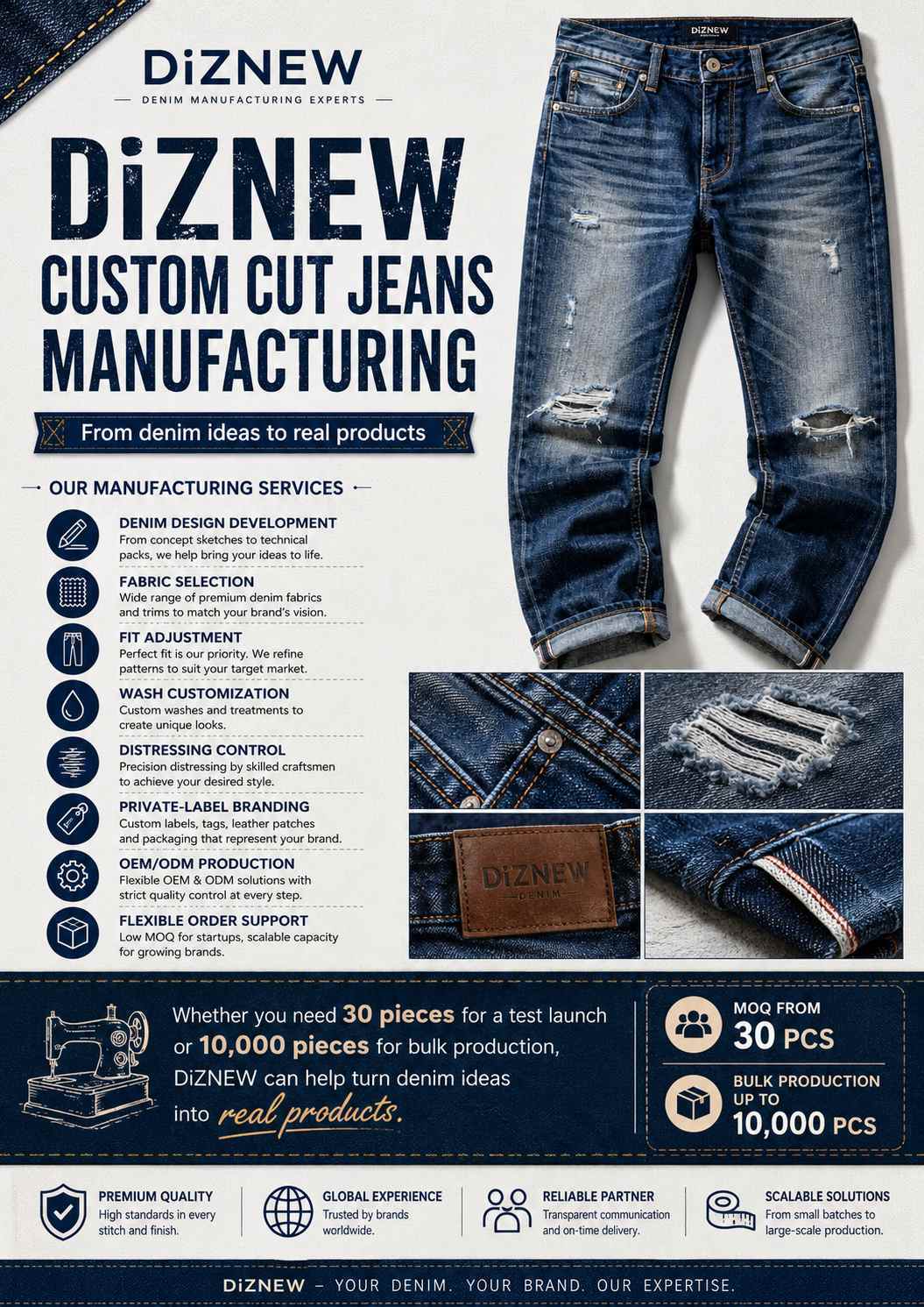 DiZNEW helps brands create custom cut jeans by offering denim design development,