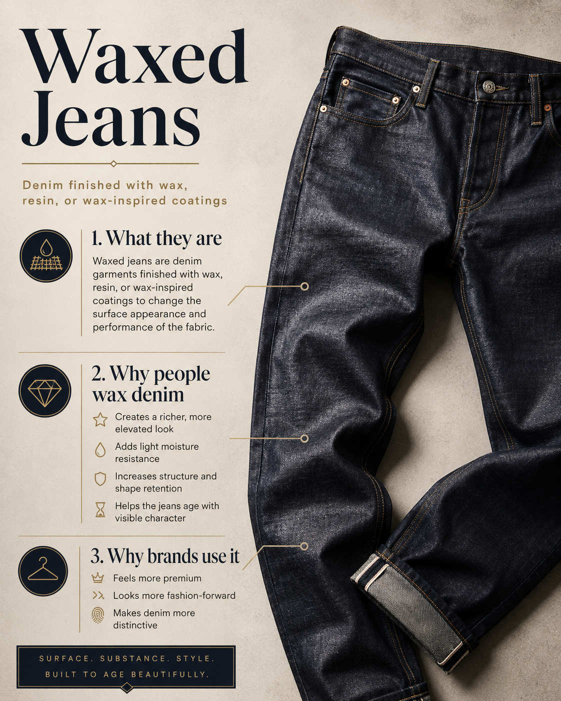 Waxed jeans are denim garments finished with wax, resin, or wax-inspired coatings to change the surface appearance 