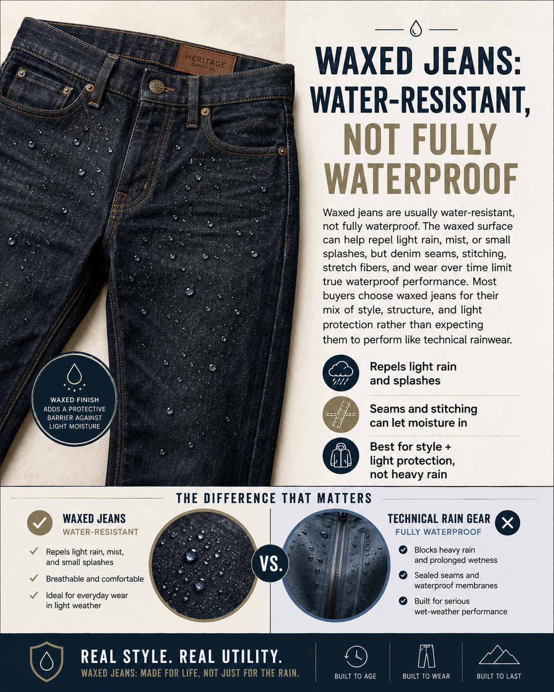 Waxed jeans are usually water-resistant, not fully waterproof. The waxed surface can help repel light rain, mist, or small splashes