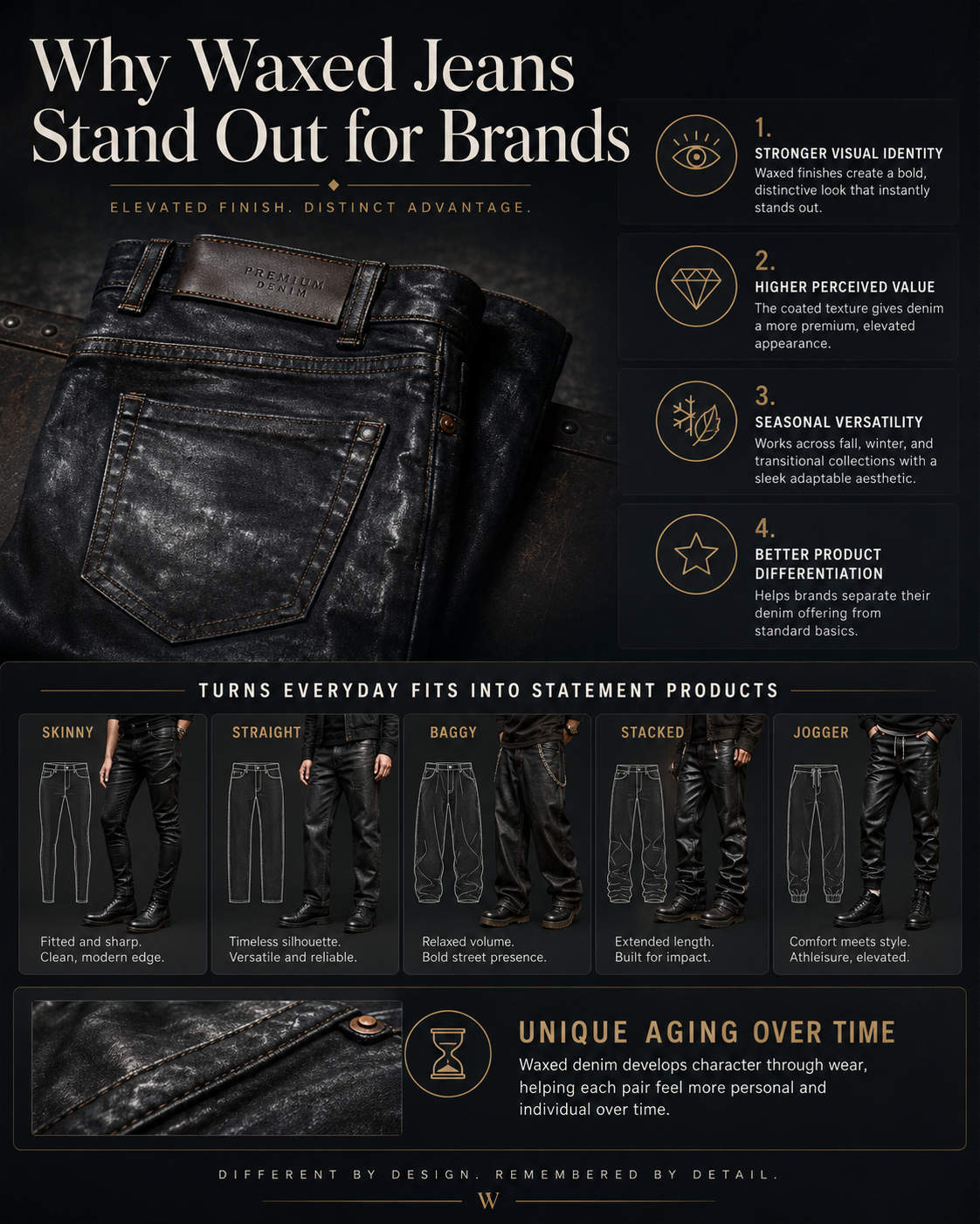 The main benefits of waxed jeans for brands are stronger visual identity, higher perceived value, seasonal versatility