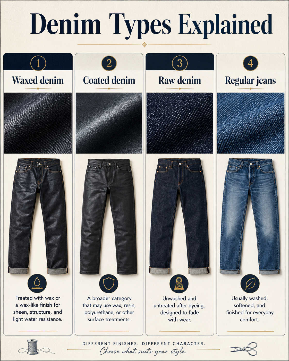 Waxed denim is treated with wax or wax-like finish for sheen, structure, and light water resistance