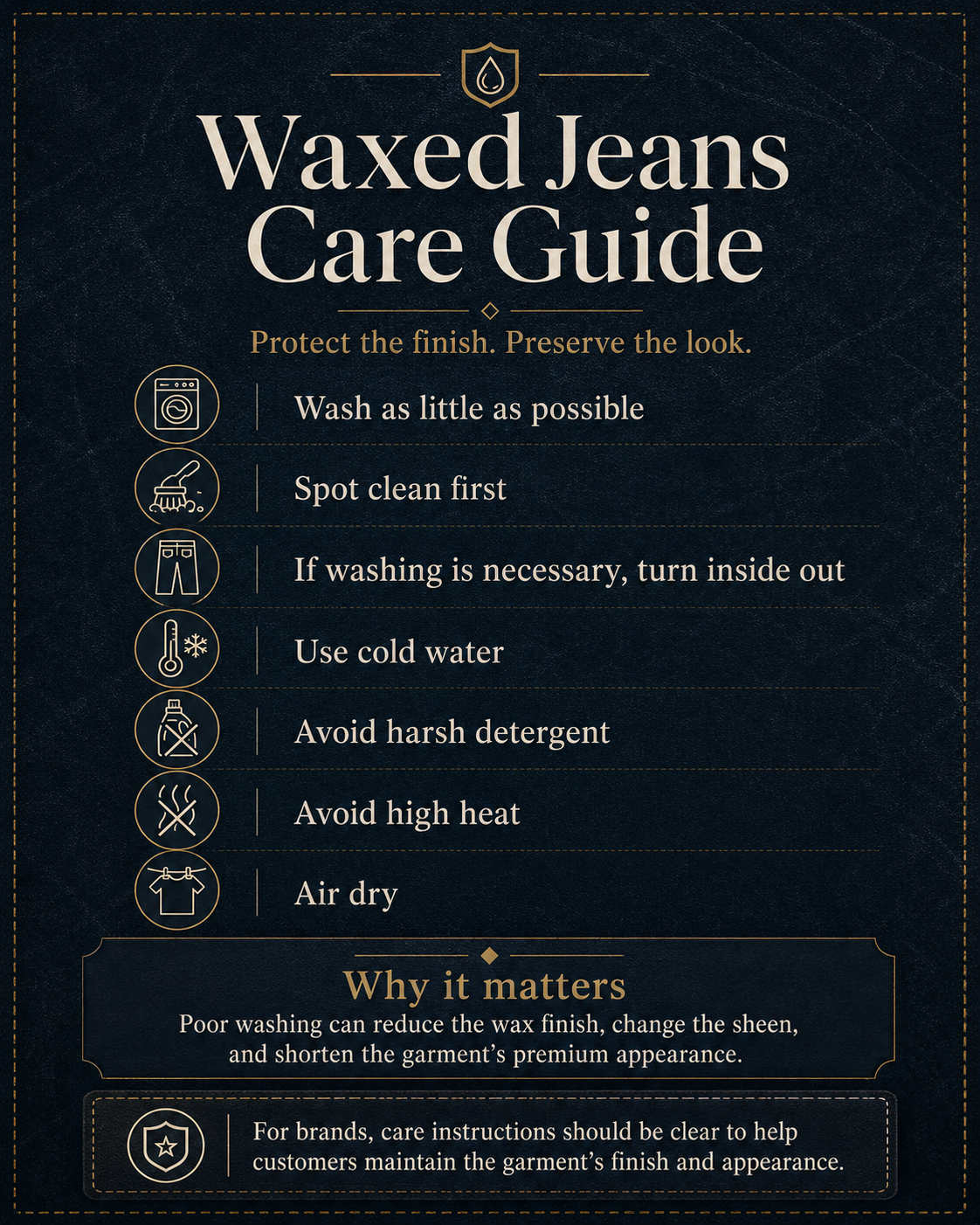 Brands can use waxed jeans as a hero product in a custom denim collection by pairing the right finish with the right fit, size range, trims, branding, and customer story.