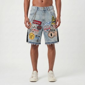 Custom Washed Denim Wholesale Embroidered Patchwork Jeans Shorts with Fringe Hem
