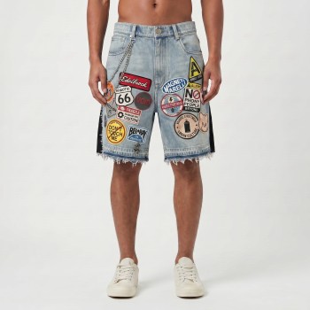 Custom Washed Denim Wholesale Embroidered Patchwork Jeans Shorts with Fringe Hem