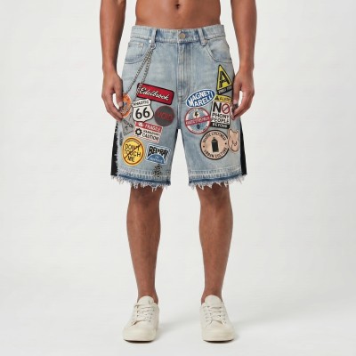 Custom Washed Denim Wholesale Embroidered Patchwork Jeans Shorts with Fringe Hem