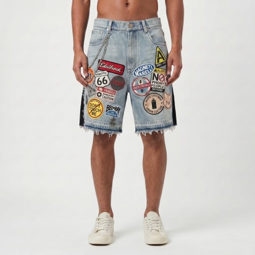 Custom Washed Denim Wholesale Embroidered Patchwork Jeans Shorts with Fringe Hem
