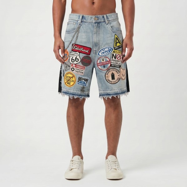 Custom Washed Denim Wholesale Embroidered Patchwork Jeans Shorts with Fringe Hem