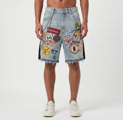 Custom Washed Denim Wholesale Embroidered Patchwork Jeans Shorts with Fringe Hem