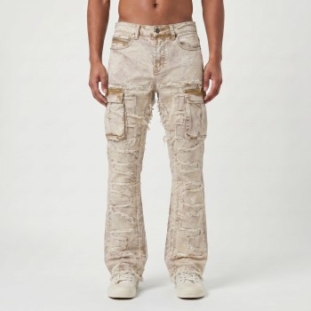 Custom Beige Cargo Flared Jeans with Distressed Panel Details