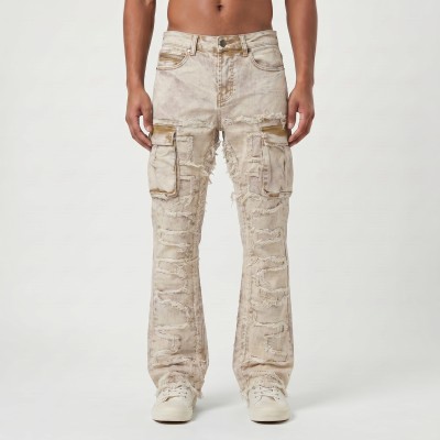 Custom Beige Cargo Flared Jeans with Distressed Panel Details