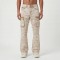Custom Beige Cargo Flared Jeans with Distressed Panel Details