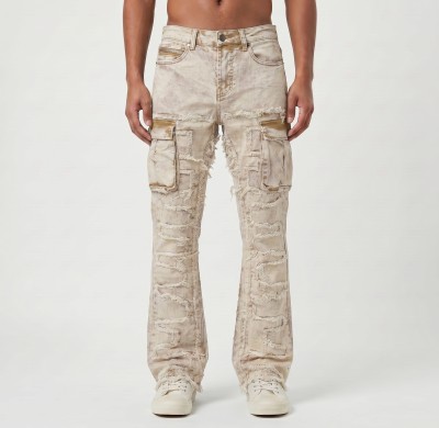 Custom Beige Cargo Flared Jeans with Distressed Panel Details
