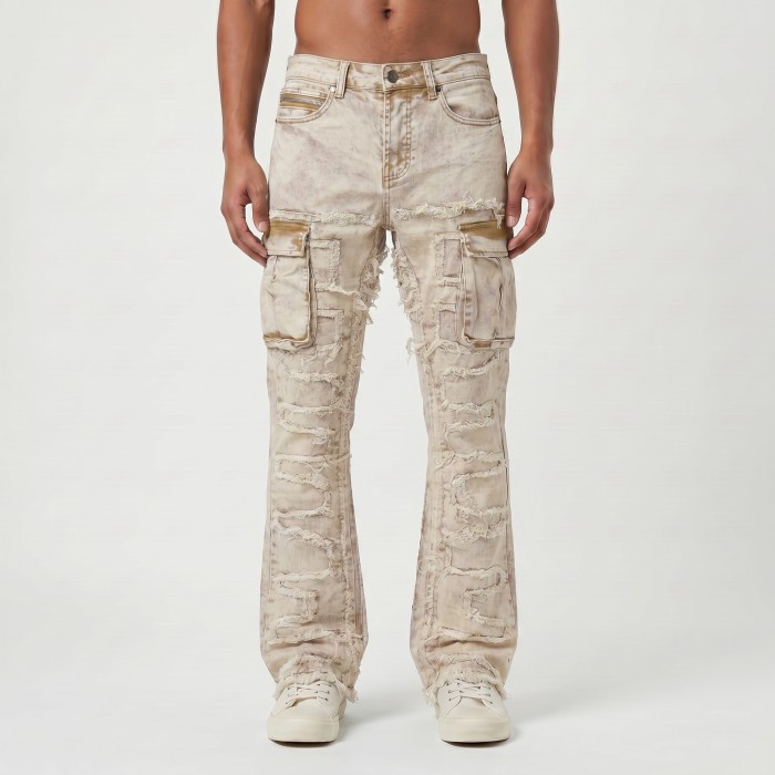 Custom Beige Cargo Flared Jeans with Distressed Panel Details