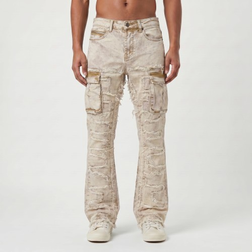 Custom Beige Cargo Flared Jeans with Distressed Panel Details
