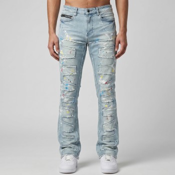 Custom Painted Flared Jeans with Geometric Rips & Light Wash Finish