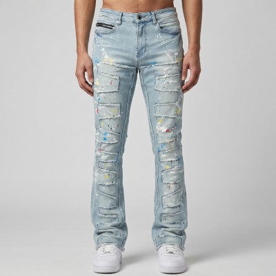 Custom Painted Flared Jeans with Geometric Rips & Light Wash Finish