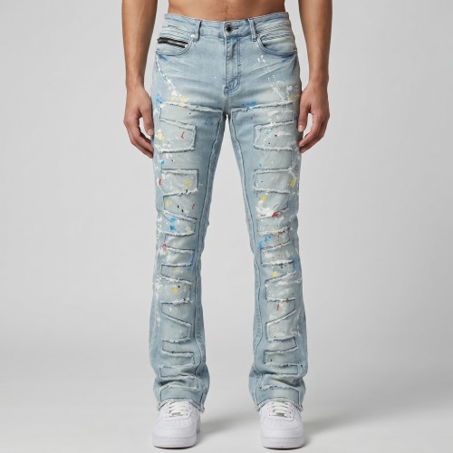 Custom Painted Flared Jeans with Geometric Rips & Light Wash Finish
