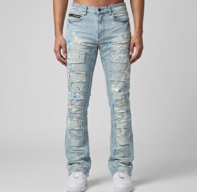 Custom Painted Flared Jeans with Geometric Rips & Light Wash Finish