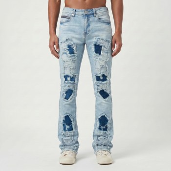Custom Flared Distressed Patch Jeans in Light Wash Denim