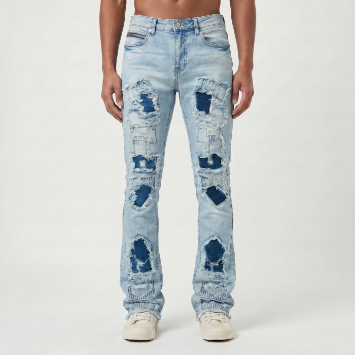 Custom Flared Distressed Patch Jeans in Light Wash Denim