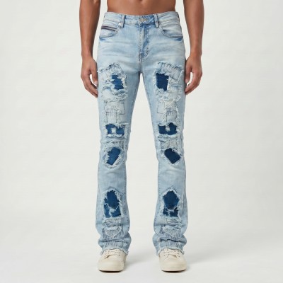 Custom Flared Distressed Patch Jeans in Light Wash Denim
