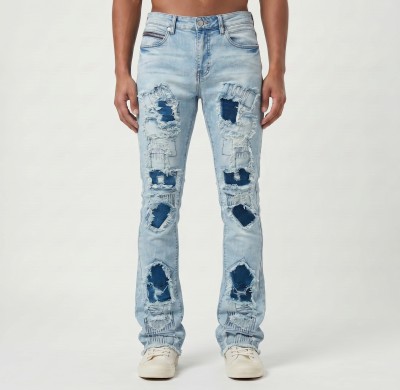 Custom Flared Distressed Patch Jeans in Light Wash Denim