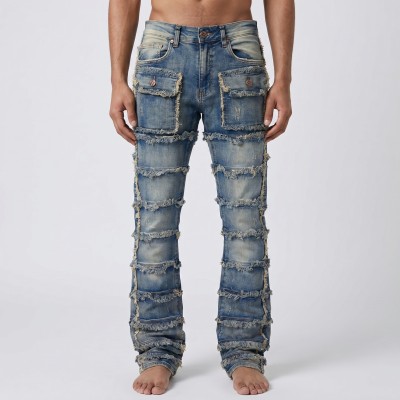 Custom Allover Fringed Panel Straight Jeans for Streetwear Labels