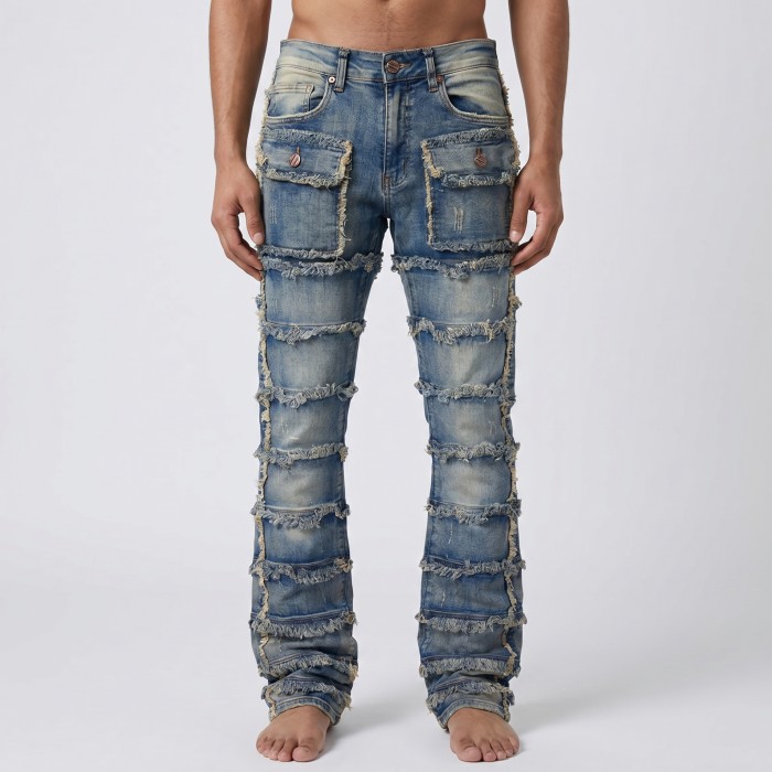 Custom Allover Fringed Panel Straight Jeans for Streetwear Labels