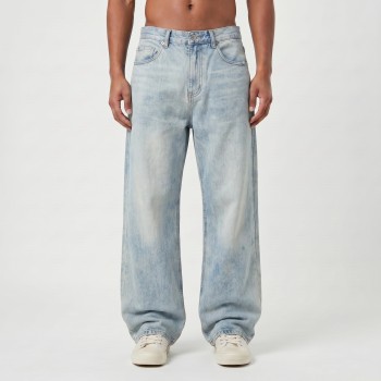 Custom Washed Wide-Leg Jeans with Fade Vintage Finish Wash Denim Pants