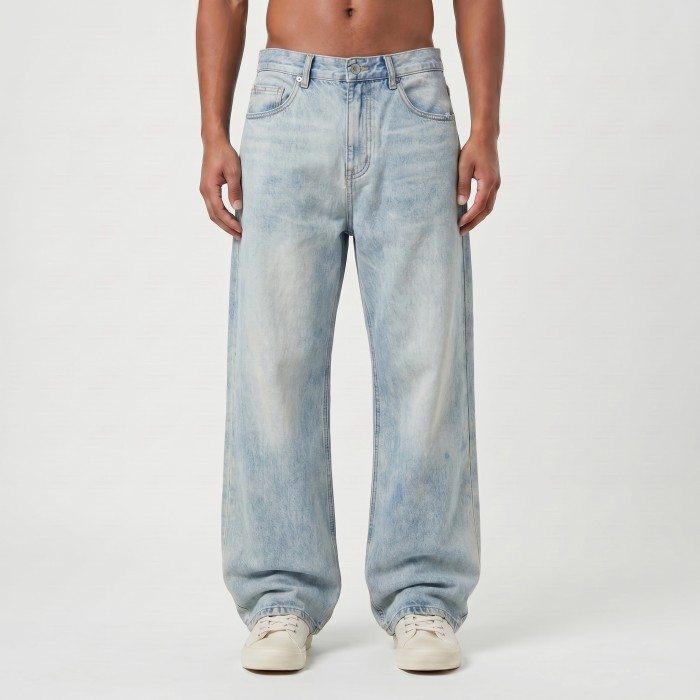 Custom Washed Wide-Leg Jeans with Fade Vintage Finish Wash Denim Pants