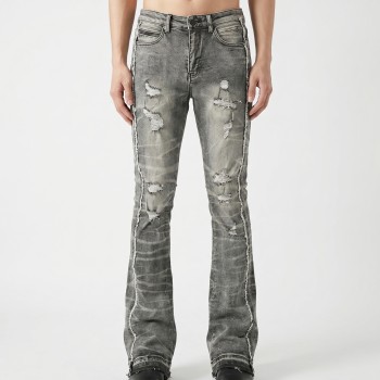 Custom Stacked Flare Jeans with Heavy Distressing & Tie-Dye