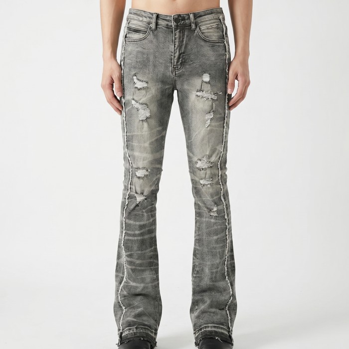 Custom Stacked Flare Jeans with Heavy Distressing & Tie-Dye